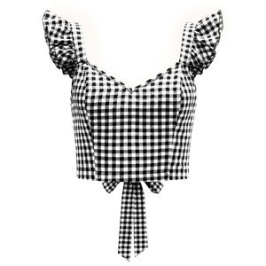 Romwe XS Ruffle Strap Backless Tie Gingham Crop Tank